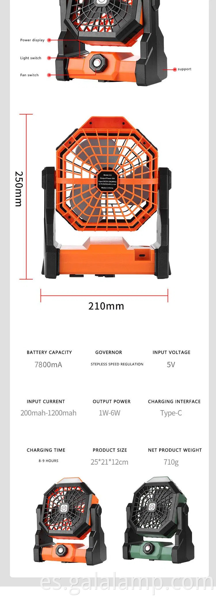 Ventilador de campamento portátil con viento grande y función de carga